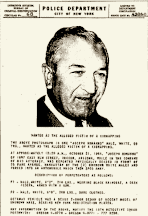 NYPD notice of Joseph Bonanno's kidnapping