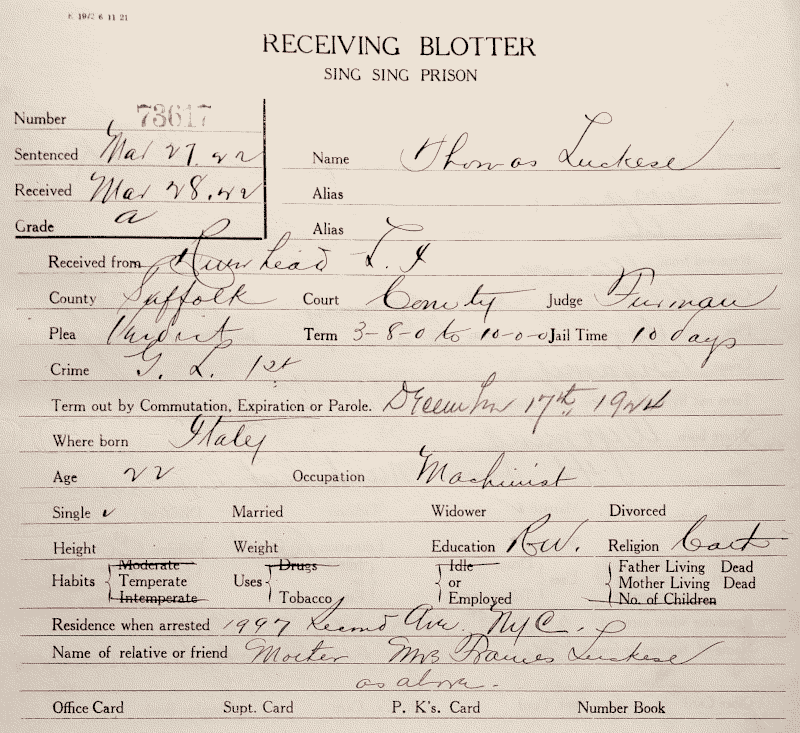 Lucchese page in Sing Sing Prison register